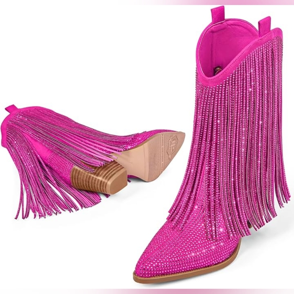 Hot Pink Rhinestone Fringe Boho Western Boots - Picture 3 of 6